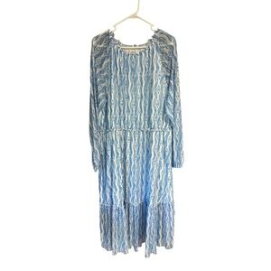 Canyon Retreat Blue White Ikat Diamond Mesh Tiered Midi Dress Womens XL